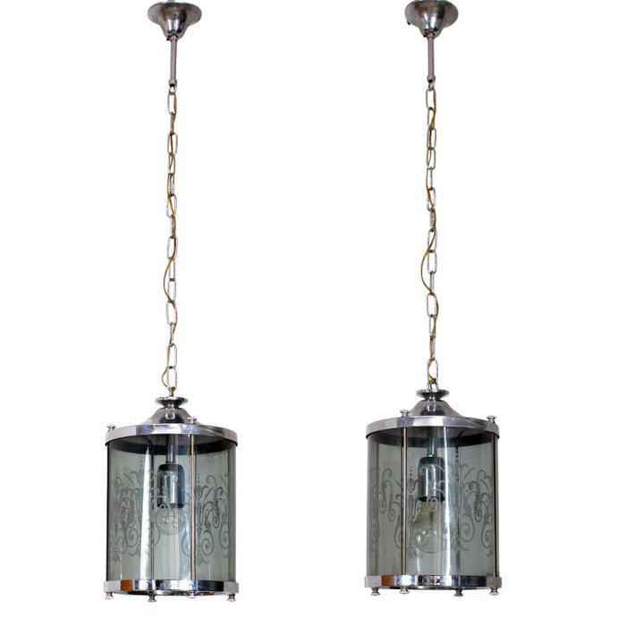 Plafondlamp (2) - paar lantaarns - Glas, gezuurd, Metaal,, Antiek en Kunst, Curiosa en Brocante