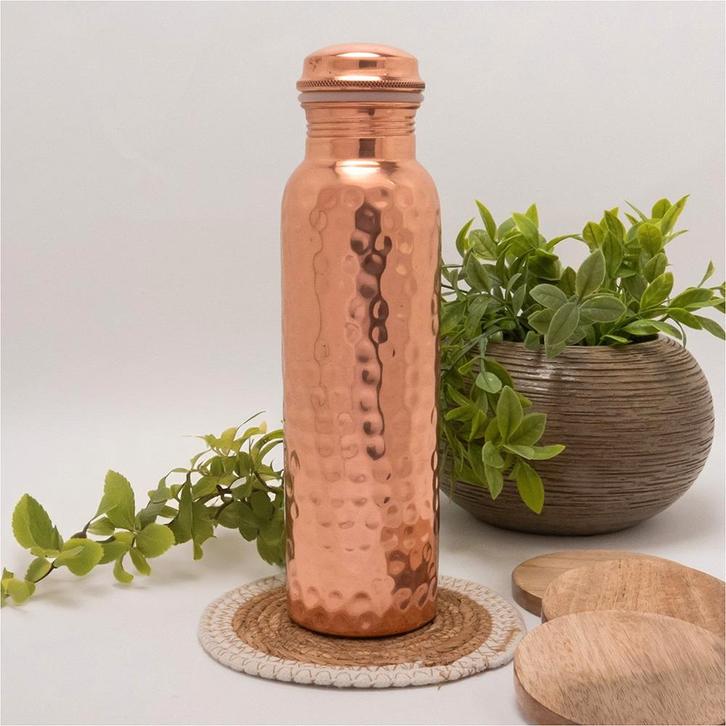 Puur koperen waterfles gehamerd gepolijst ± 750 ml, Sport en Fitness, Gezondheidsproducten en Wellness, Ophalen of Verzenden