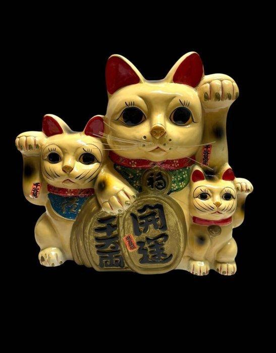 Beeldje - Showa Retro Jumbo Triple Maneki Neko / Large Size, Antiquités & Art, Antiquités | Autres Antiquités