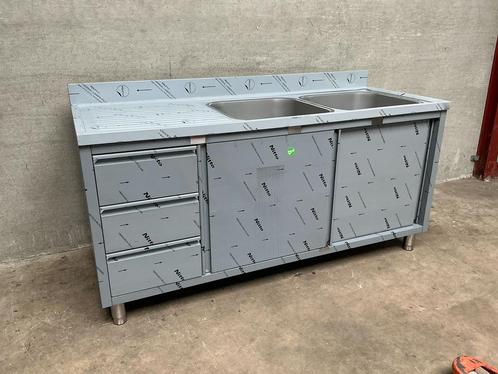 Spoeltafel met schuifdeuren en 3 laden 2 bak rechts 160cm, Zakelijke goederen, Horeca | Keukenapparatuur, Nieuw in verpakking