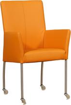 Oranje leren moderne eetkamerstoel - poot rond inox met wiel, Nieuw, Modern, Leer, Ophalen of Verzenden