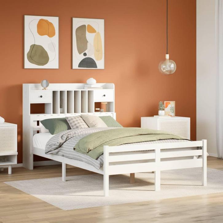 vidaXL Bed met boekenkast zonder matras grenenhout wit, Huis en Inrichting, Slaapkamer | Bedden, Nieuw, Verzenden