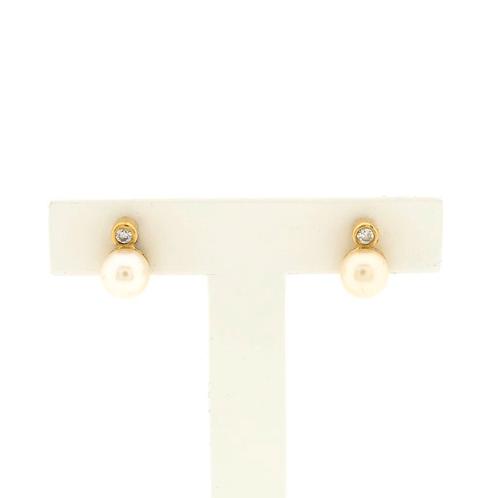 Gouden oorstekers met parel en zirconia (oorbellen), Handtassen en Accessoires, Oorbellen, Overige kleuren, Gebruikt, Met edelsteen