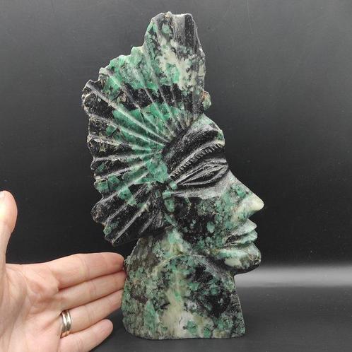 Smaragd Indiaas gezicht - Hoogte: 22 cm - Breedte: 12 cm-, Verzamelen, Mineralen en Fossielen