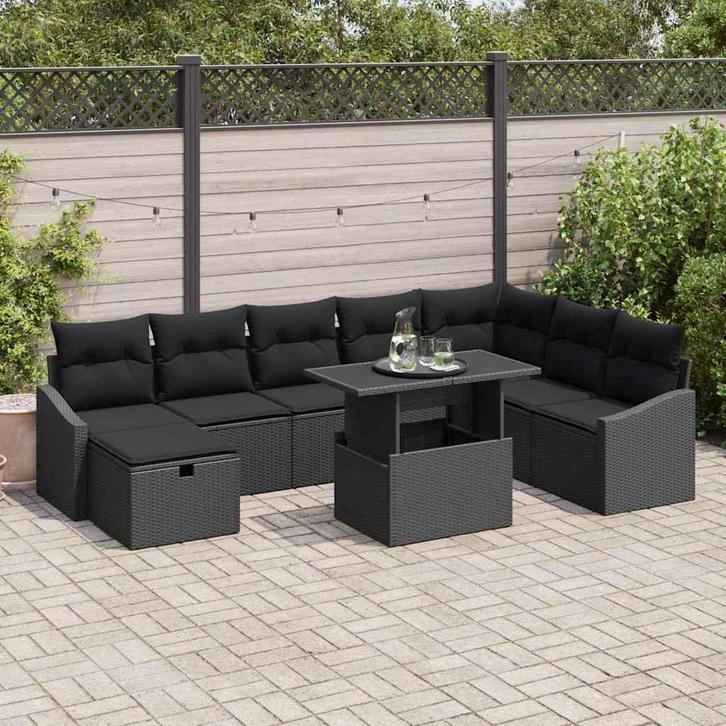 vidaXL Tuinbank Set 9 pcs Zwart poly rattan, Tuin en Terras, Tuinsets en Loungesets, Nieuw, Verzenden