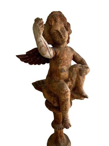 Beeldhouwwerk - Kerk Cherub op voetstuk - 145 cm - Hout -