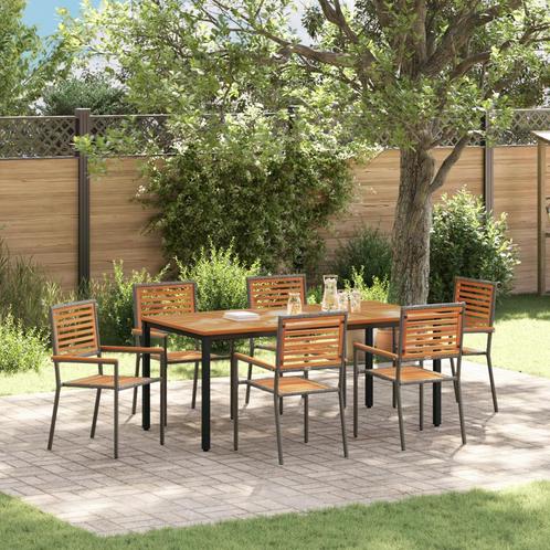 vidaXL 7-delige Tuinset - Grijs Poly Rattan en Acacia, Tuin en Terras, Tuinstoelen, Nieuw, Verzenden