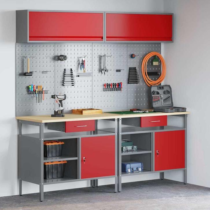 vidaXL Werkbankset met lade 8 pcs Rood en Grijs Gepoedercoat, Doe-het-zelf en Bouw, Werkbanken, Nieuw, Verzenden