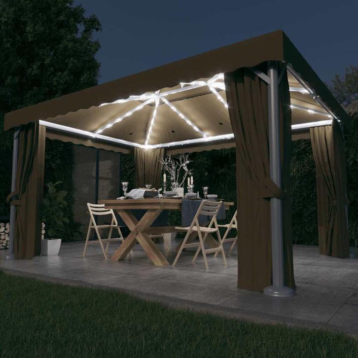 vidaXL Prieel met gordijn en LED-lichtslinger 4x3 m taupe, Tuin en Terras, Partytenten, Nieuw, Verzenden
