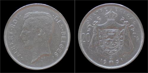 Belgium Albert I 20 frank (4belga) 1931fr-pos B nickel, Postzegels en Munten, Munten | Europa | Niet-Euromunten, België, Verzenden