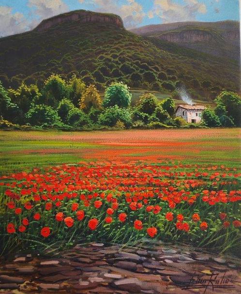 Enric Rubió  (XX) - Campo de amapolas, Antiek en Kunst, Kunst | Schilderijen | Klassiek