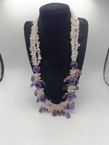 Quartz rose et améthyste naturelles - Collier