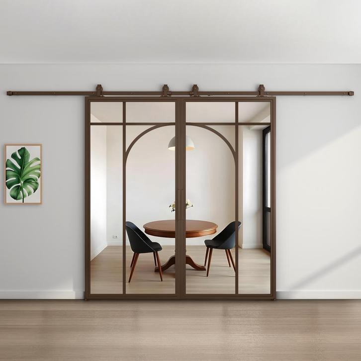 Dubbele stalen schuifdeur - Brons - 5 Vlaks rond - Helder, Doe-het-zelf en Bouw, Raamkozijnen en Schuifdeuren, Nieuw, 75 tot 150 cm