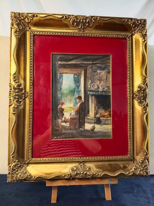 Fattori Mario (1930-?) - Interno di casolare con focolare, Antiek en Kunst, Kunst | Schilderijen | Klassiek