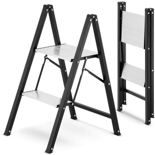 Keukentrap 2 treden - opvouwbare trapladder - zwart zilver, Doe-het-zelf en Bouw, Ladders en Trappen, Nieuw, Ophalen of Verzenden