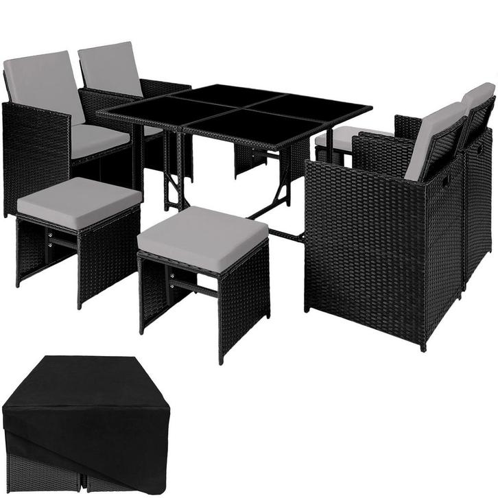 tectake Wicker zitgroep Bilbao 4+4+1 met beschermhoes - zwar, Tuin en Terras, Tuinsets en Loungesets, Verzenden