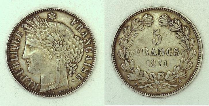 France Frankreich 5 Francs 1871 K Bordeaux Cérès, Postzegels en Munten, Munten | Europa | Niet-Euromunten, België, Verzenden