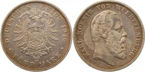 Duitsland 5 Mark Karl von Wuerttemberg 1876 F sehr schoen..., Postzegels en Munten, Munten | Europa | Niet-Euromunten, België
