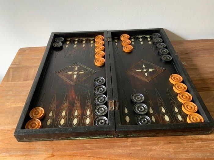 Schaakspel - Backgammon Koper parelmoer hout, Antiek en Kunst, Curiosa en Brocante