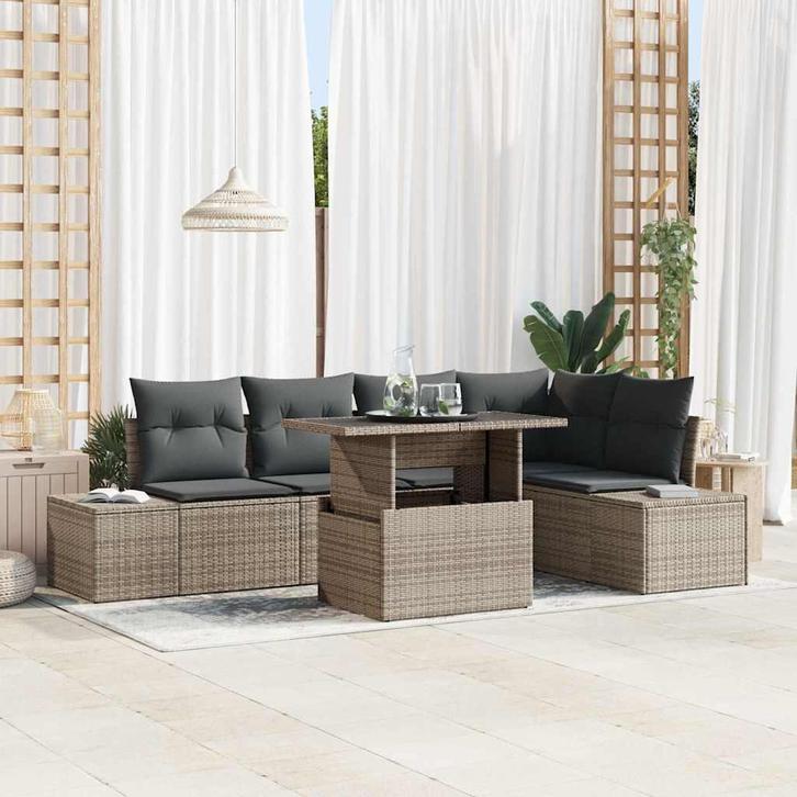 vidaXL Tuinbank Set met kussen 6 pcs Grijs Poly rattan, Tuin en Terras, Tuinsets en Loungesets, Nieuw, Verzenden