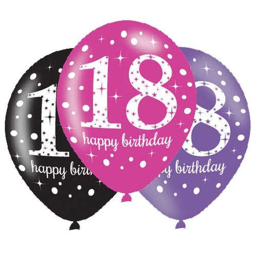 Ballonnen 18 Jaar Happy Birthday Roze 27,5cm 6st, Hobby en Vrije tijd, Feestartikelen, Nieuw, Verzenden