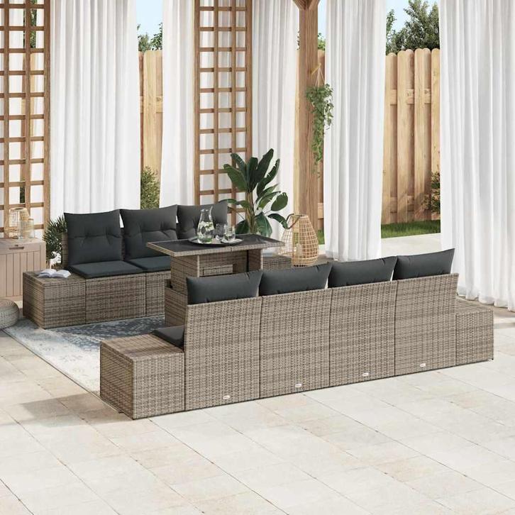 vidaXL Tuinbank Set 8 pcs Grijs Poly Rattan en Poedergecoat, Tuin en Terras, Tuinsets en Loungesets, Nieuw, Verzenden