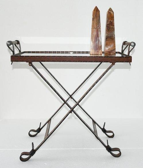 Bijzettafel -  Faux Leather Iron Strap Folding Side Table -, Antiek en Kunst, Kunst | Designobjecten