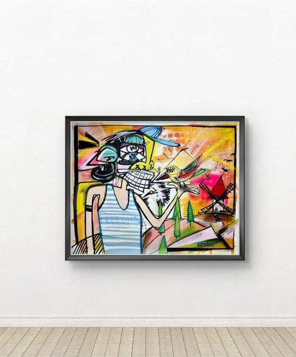 Manitos Filip Makowiak - „Boy with bird”, Antiek en Kunst, Kunst | Schilderijen | Modern