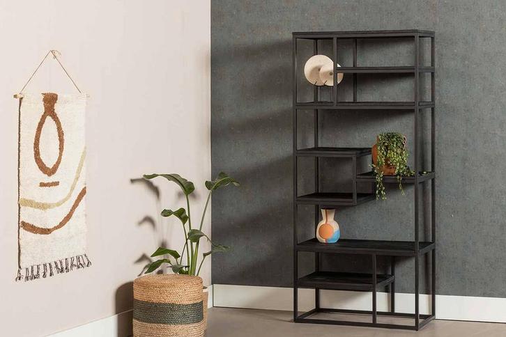 Vakkenkast Mangohout Bowi 80 Zwart, Huis en Inrichting, Kasten | Boekenkasten, Nieuw, Verzenden