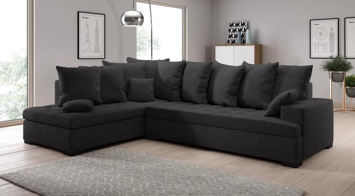 Hoekbank Linda - Zwart - Stof - Links - Bankstel 305x224 cm, Huis en Inrichting, Zetels | Complete zithoeken, Nieuw, Verzenden