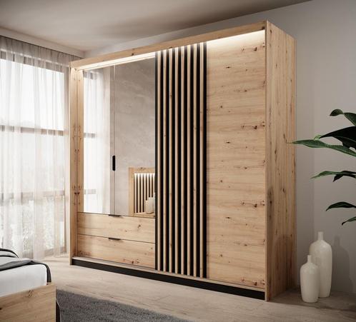 Kledingkast eiken grijs 220 met spiegel klapdeuren, Huis en Inrichting, Kasten | Overige, Nieuw, Verzenden