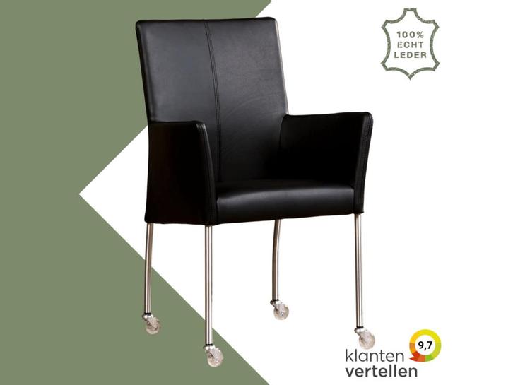 Leren eetkamerstoel Comfort met wieltjes en armleuning -, Huis en Inrichting, Stoelen, Zwart, Eén, Nieuw, Leer, Ophalen of Verzenden