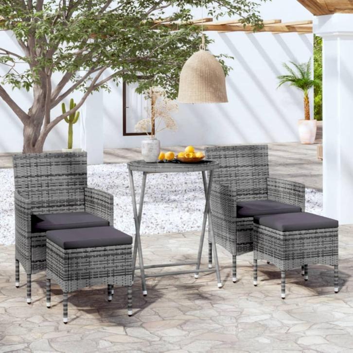 vidaXL 5-delige Bistroset poly rattan en gehard glas grijs, Tuin en Terras, Tuinsets en Loungesets, Nieuw, Verzenden