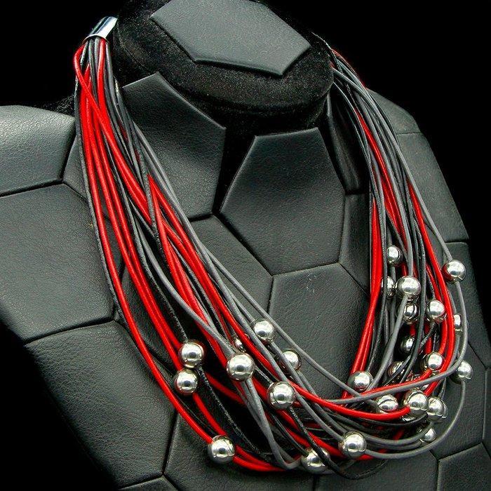 Moderne multi-koord leren ketting met stalen bollen- 173 g, Antiek en Kunst, Curiosa en Brocante