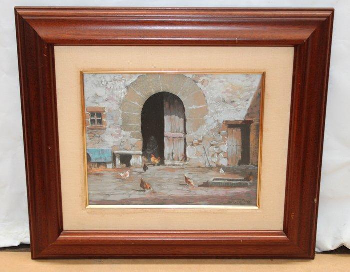 Josep Mas i Pou (1926-1995) - Gallinas en el corral, Antiek en Kunst, Kunst | Schilderijen | Klassiek