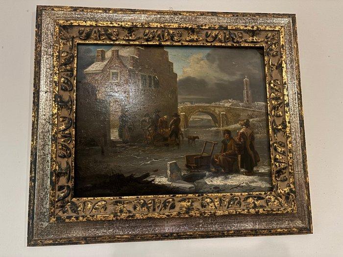 Nederlandse school (XIX) - Winter Scene with Figures by a, Antiek en Kunst, Kunst | Schilderijen | Klassiek