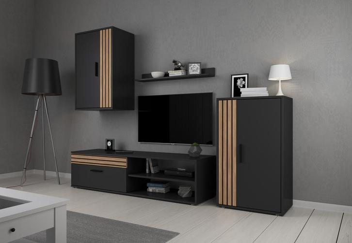 Wandmeubel Bellini - Antraciet - Eiken Set van 4 - TV-Meubel, Huis en Inrichting, Kasten | Wandmeubels, 25 tot 50 cm, Nieuw, Verzenden