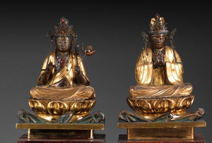 Beelden van bodhisattvas - Polychroom hout, metaal, glas -, Antiek en Kunst, Antiek | Overige Antiek