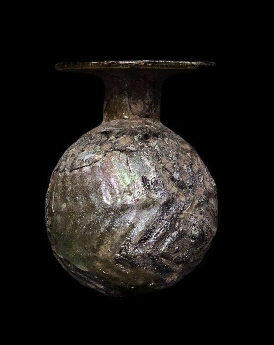 Oud-Romeins - Aryballe iriserend glazen druppel met, Verzamelen, Mineralen en Fossielen