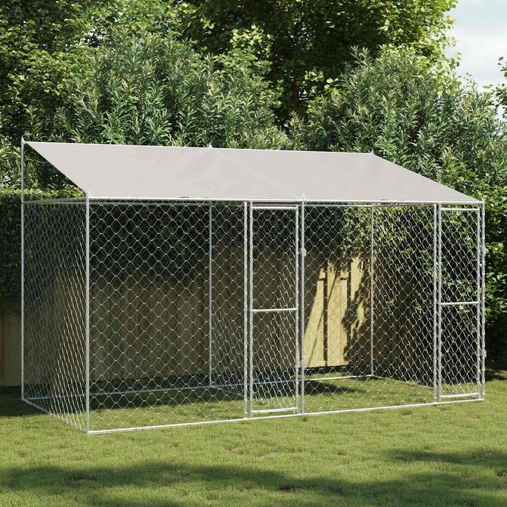vidaXL Hondenkooi met dak Zilver 400 x 200 x 256 cm Staal en, Dieren en Toebehoren, Hondenbenches, Nieuw, Verzenden