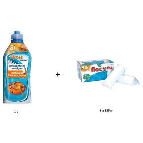 Zwembad filter kit: BSI Filter Cleaner 1L + Floc socks 8st, Tuin en Terras, Zwembad-toebehoren, Nieuw