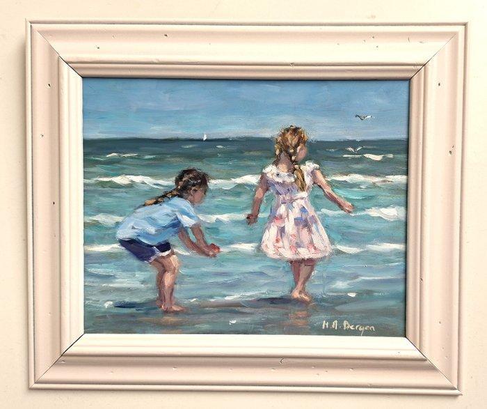 H.Mijnsbergen (1945) - Zonnige strand gezicht, Antiek en Kunst, Kunst | Schilderijen | Klassiek