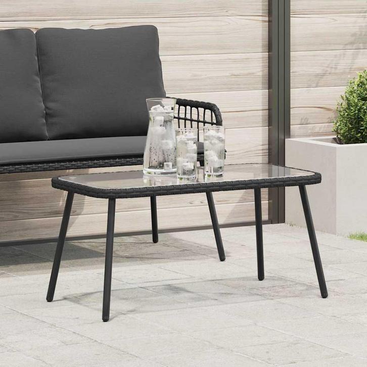 vidaXL Salontafel Zwart 90 x 45 x 43 cm Poly Rattan en glas, Tuin en Terras, Tuintafels, Nieuw, Verzenden