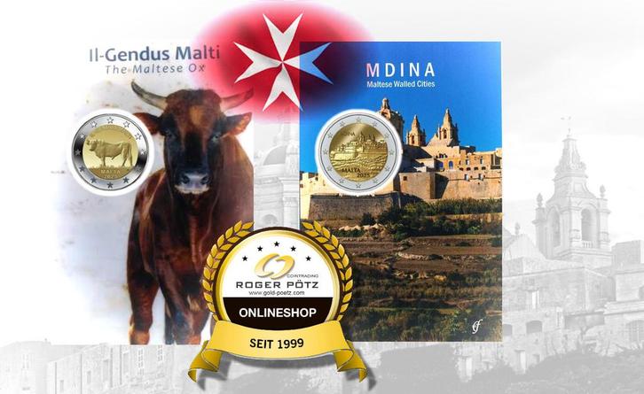 2 x 2 Euro 2025 Malta Mdina en maltesischer Ochse im Orig..., Postzegels en Munten, Munten | Europa | Euromunten, België, Verzenden