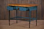 Vintage industriële tafel | Oude werkbank blauw | Kookeiland