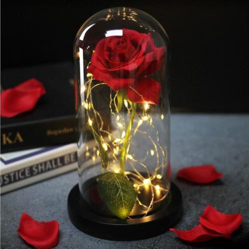 Kunst Roos in Glazen Stolp met Verlichting - Zijden Rozen, Huis en Inrichting, Woonaccessoires | Kunstplanten en Kunstbloemen