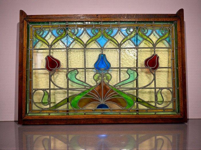 Jugendstil Glas-in-loodraam - 1910-1920 - 69x99cm/ 6,75Kg, Antiek en Kunst, Curiosa en Brocante