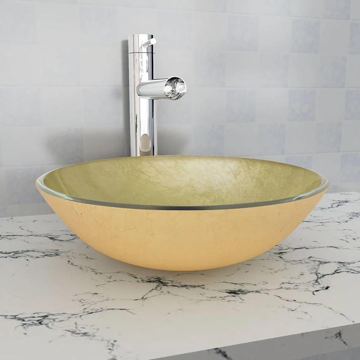 vidaXL Wasbak gehard glas 42 cm goud, Doe-het-zelf en Bouw, Sanitair, Nieuw, Verzenden