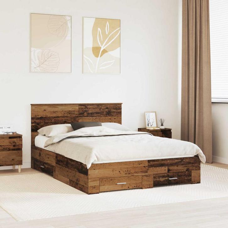 vidaXL Bedframe met hoofdeinde Oudhout 135 x 190 cm Bewerkt, Huis en Inrichting, Slaapkamer | Bedden, Nieuw, Verzenden