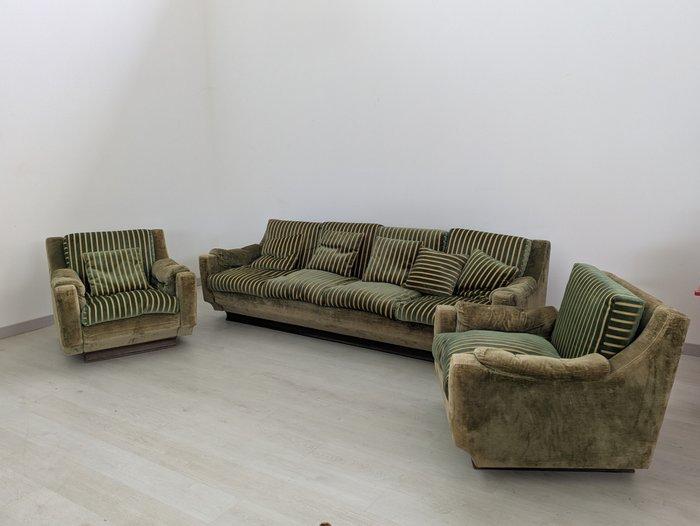 Zitgroep - Hout, Textiel - Vierzitter en twee fauteuils, Antiek en Kunst, Kunst | Designobjecten